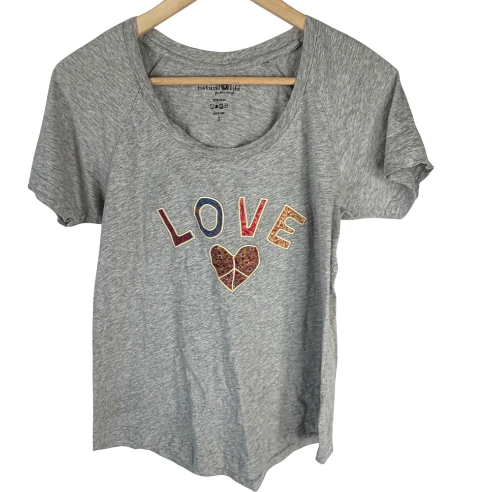 Natural Life Love Peace Heart Graphic Tee Gray Cotton Scoop Neck Shirt Small